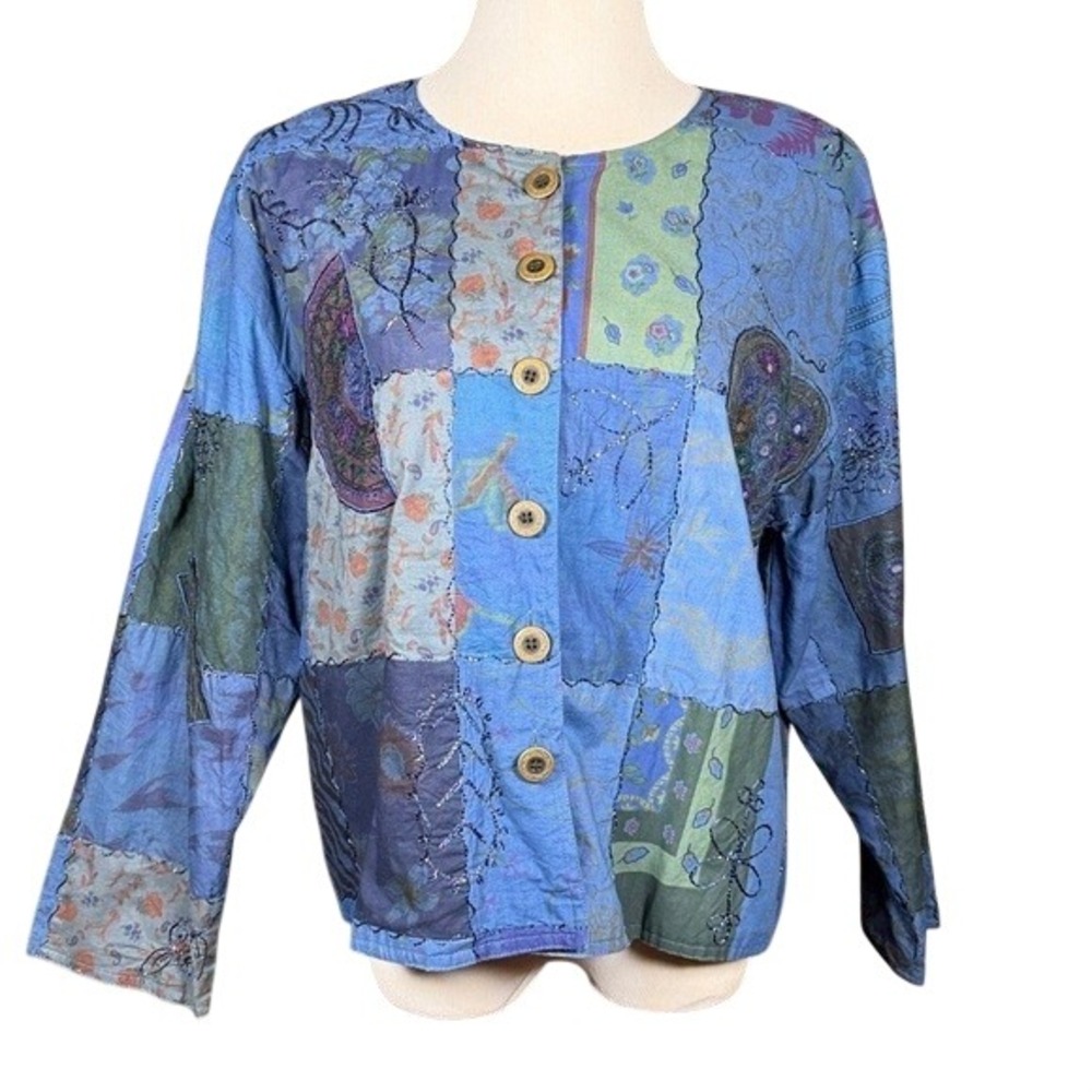 Vijayas Blue Patchwork Cotton‎ Jacket Womens Small Boho Beaded Mirror Art Wear